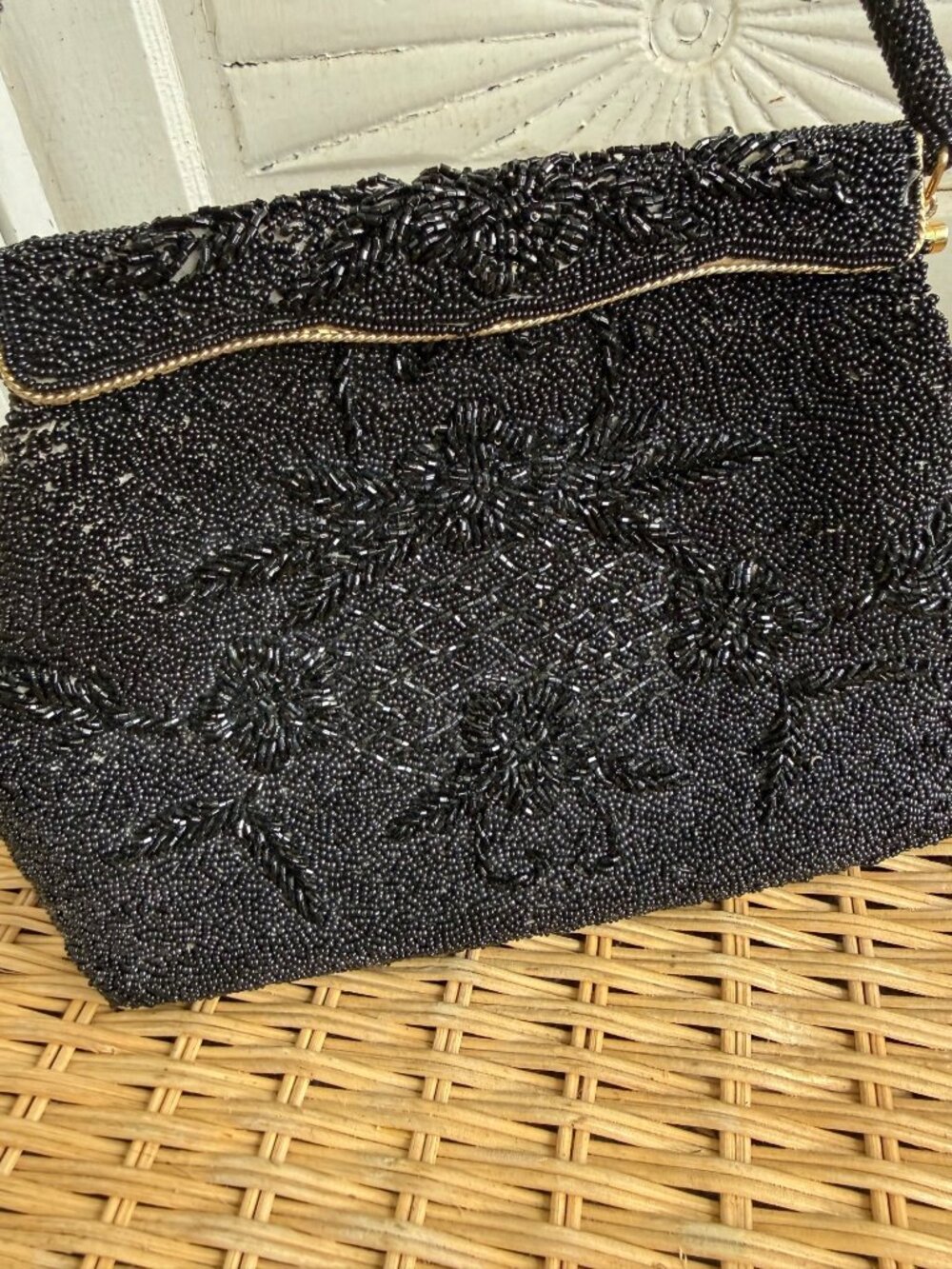 Vintage 1960s Black Glass Floral Seed Beaded Top Handle Formal Purse - Picture 15 of 16